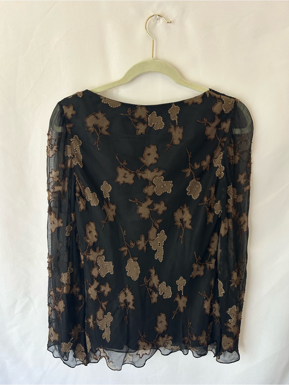 Papell Boutique Black Sheer Long-Sleeve Floral Beaded Top - Picture 3 of 4